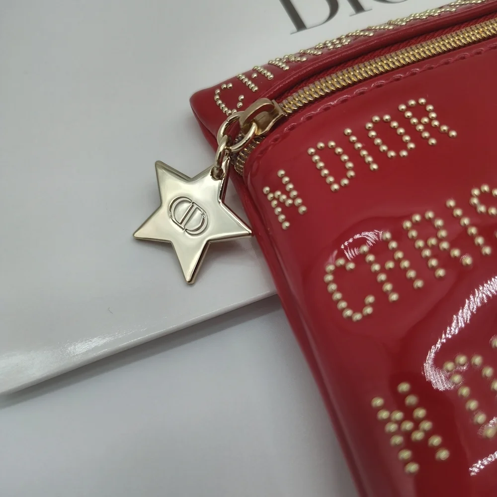 DIOR Red Patent Studded Logo Cosmetic Pouch Star Charm NIB Limited Edition